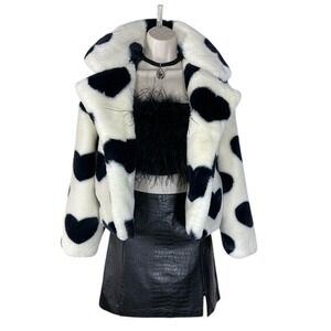 Stoosh Faux Fur Jacket W/ M White Black Heart Print A14314 LN/NWOT